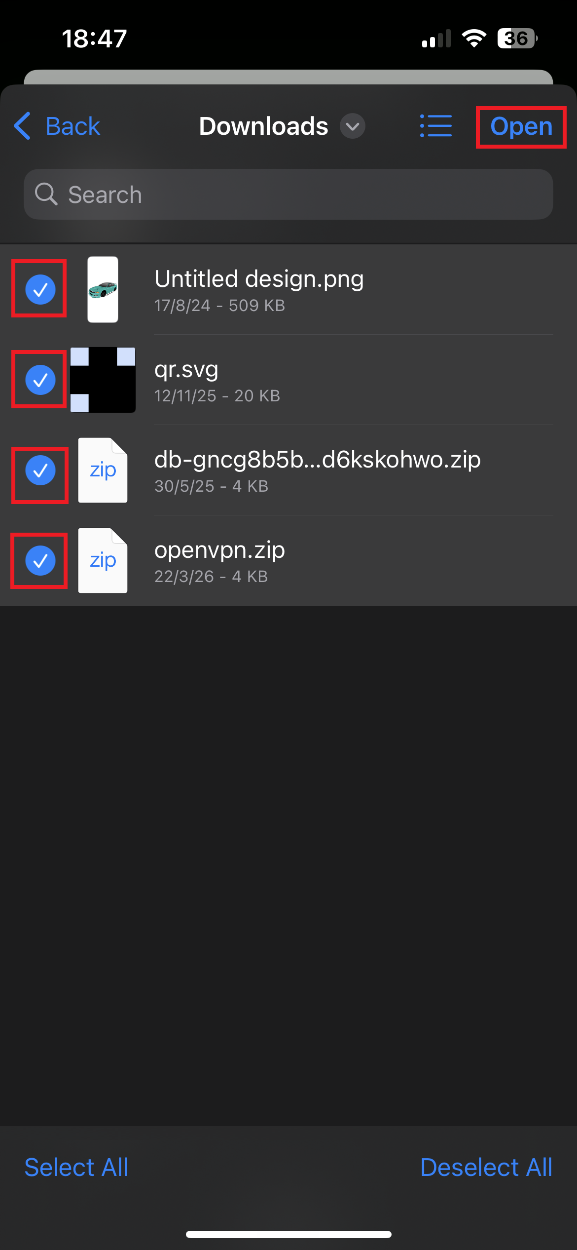 Selecciona los archivos en el iPhone