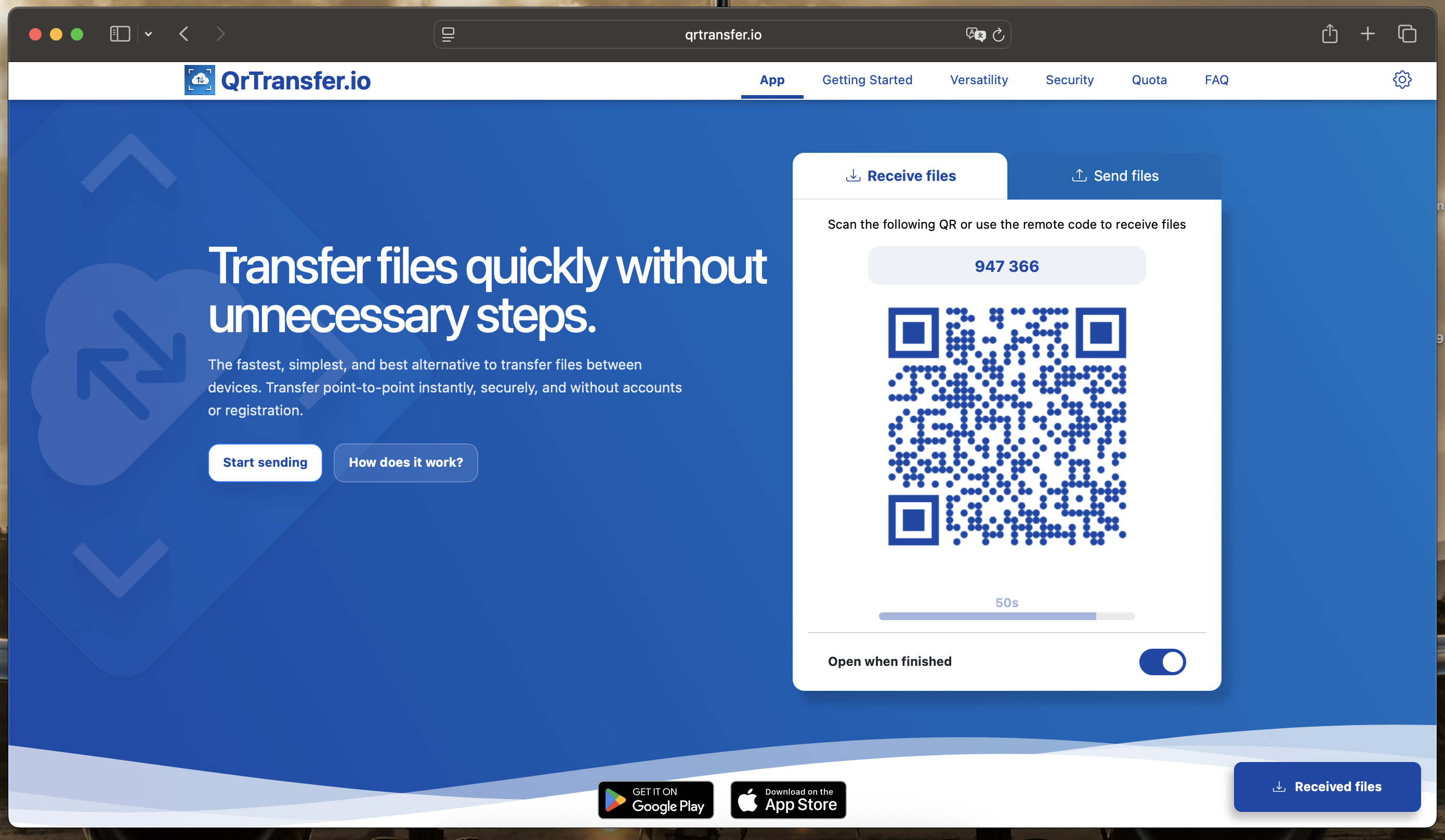 Abre QrTransfer.io en el Mac