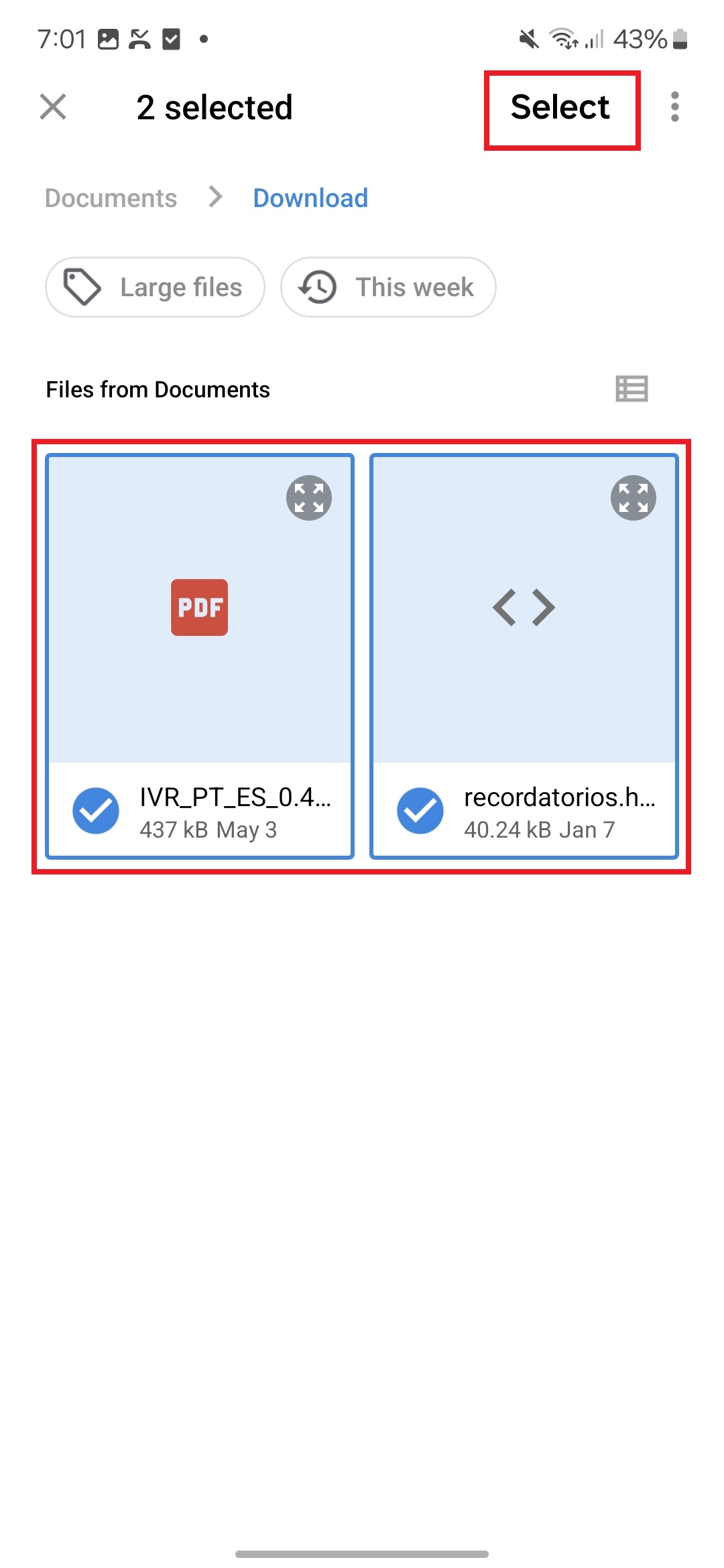 Selecciona los archivos en Android