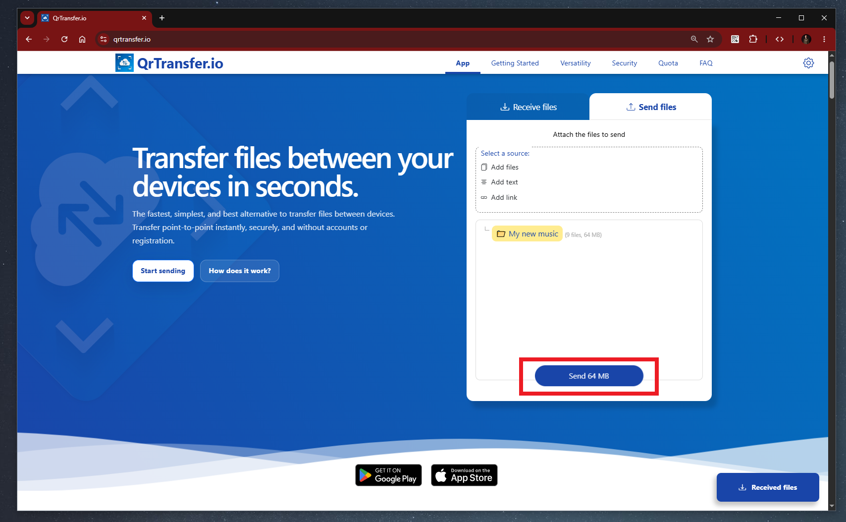 Arrastra la carpeta de música a QrTransfer.io